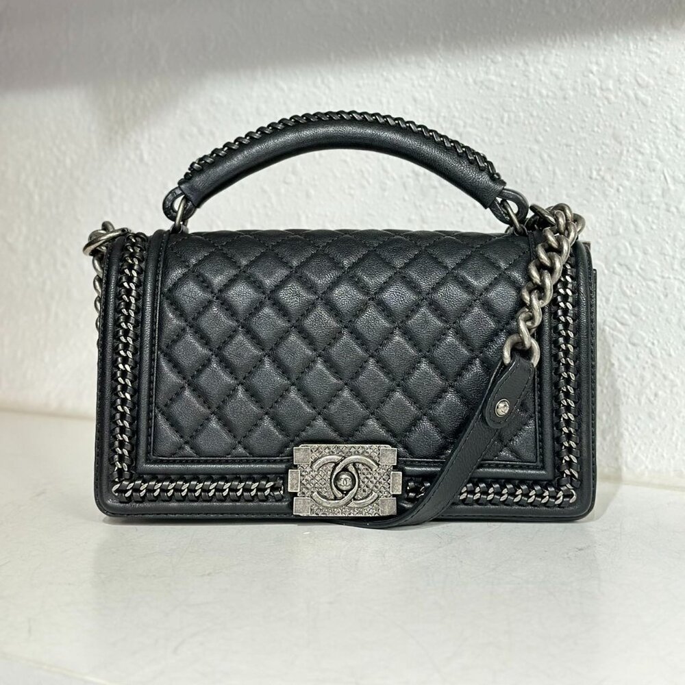 Chanel Black Leather Medium Boy Bag With Top Handle Shoulder Bag Crossbody